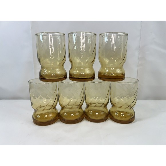 7 Of Vtg 70S Libbey Amber Drinking Glasses‎ MCM Swirled Ringed Bottom 8 Oz Glass - Picture 1 of 6